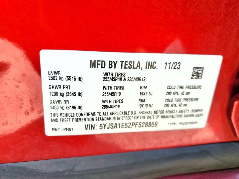 2023 Tesla Model S მანქანა იყიდება აუქციონზე, vin: 5YJSA1E52PF528859, აუქციონის ნომერი: 66907246