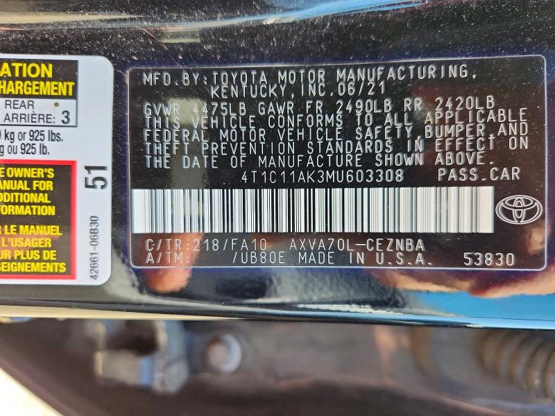 Aukcja sprzedaży 2021 Toyota Camry, vin: 4T1C11AK3MU603308, numer aukcji: 66090866