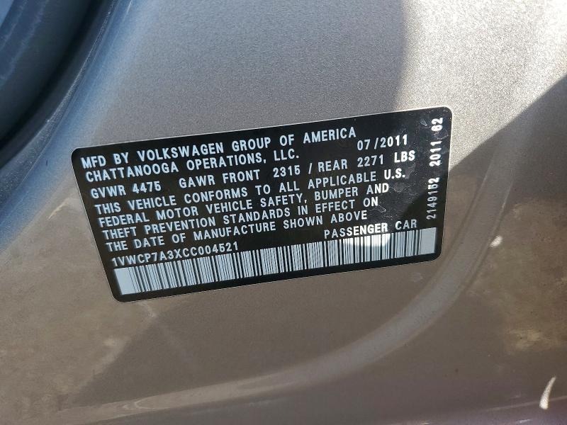 2012 Volkswagen Passat მანქანა იყიდება აუქციონზე, vin: 1VWCP7A3XCC004521, აუქციონის ნომერი: 63857016