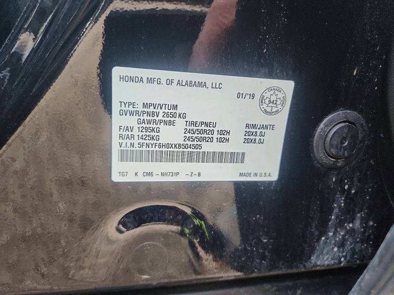 64617936 :رقم المزاد ، 5FNYF6H0XKB504505 vin ، 2019 Honda Pilot مزاد بيع