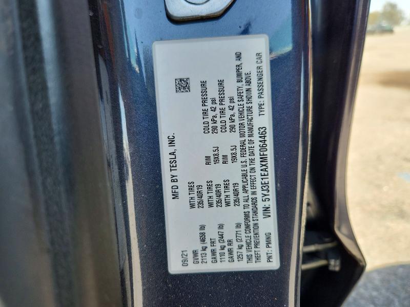 64487666 :رقم المزاد ، 5YJ3E1EAXMF064463 vin ، 2021 Tesla Model 3 مزاد بيع
