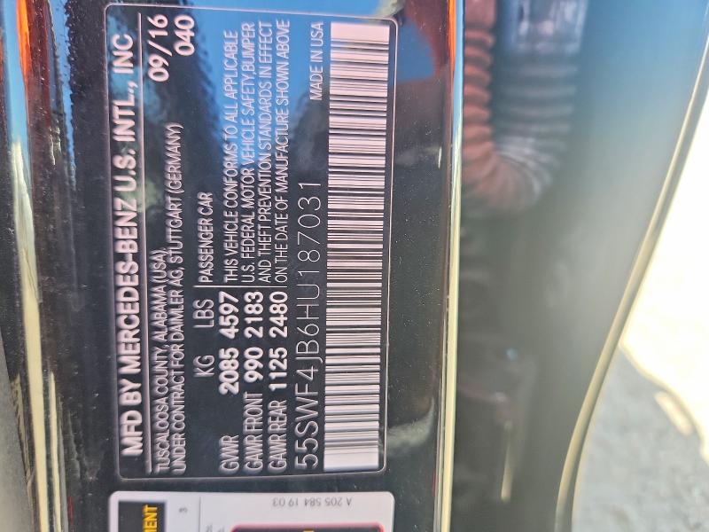 65459566 :رقم المزاد ، 55SWF4JB6HU187031 vin ، 2017 Mercedes-benz C مزاد بيع