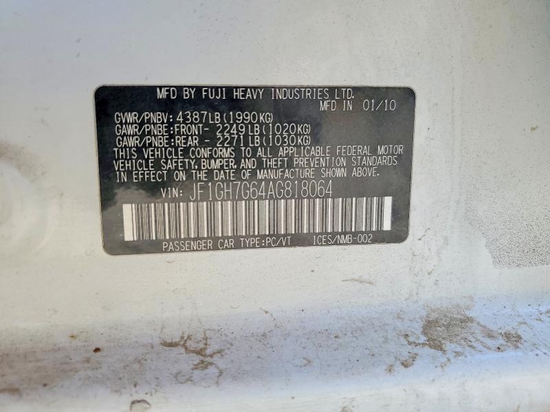 2010 Subaru Impreza მანქანა იყიდება აუქციონზე, vin: JF1GH7G64AG818064, აუქციონის ნომერი: 63788086