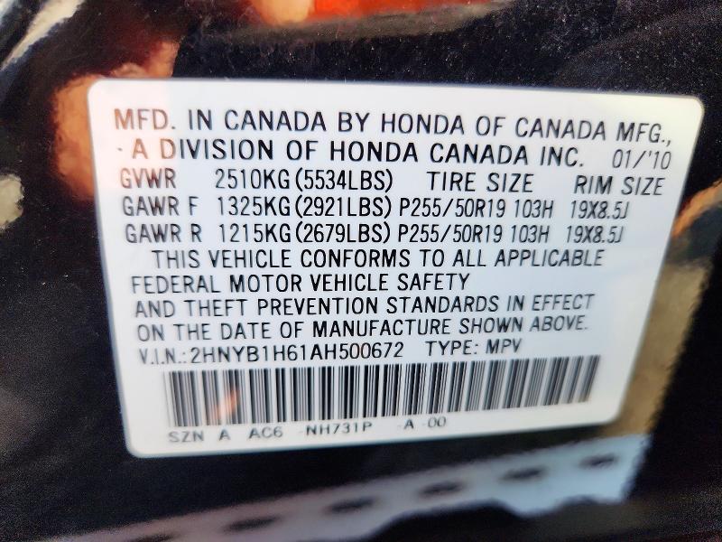 Aukcja sprzedaży 2010 Acura Zdx, vin: 2HNYB1H61AH500672, numer aukcji: 66565986