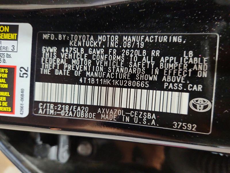 Aukcja sprzedaży 2019 Toyota Camry, vin: 4T1B11HK1KU280665, numer aukcji: 66404186