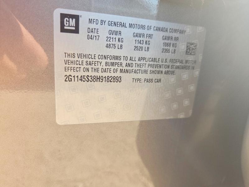 67030946 :رقم المزاد ، 2G1145S38H9182893 vin ، 2017 Chevrolet Impala مزاد بيع