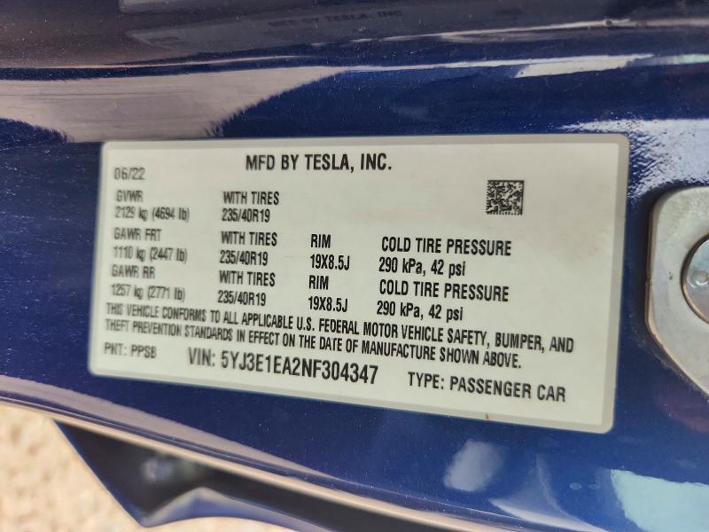 Продаж на аукціоні авто 2022 Tesla Model 3, vin: 5YJ3E1EA2NF304347, номер лоту: 63444426