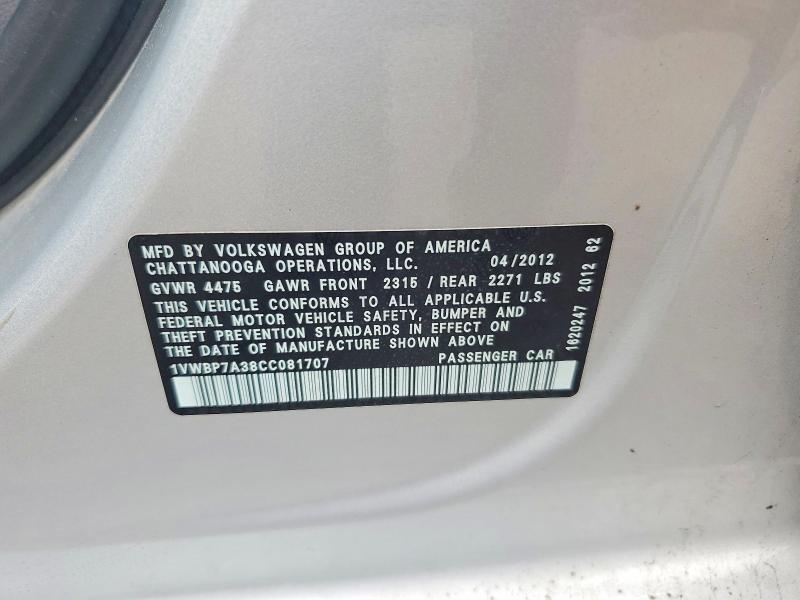 Продаж на аукціоні авто 2012 Volkswagen Passat, vin: 1VWBP7A38CC081707, номер лоту: 65672246