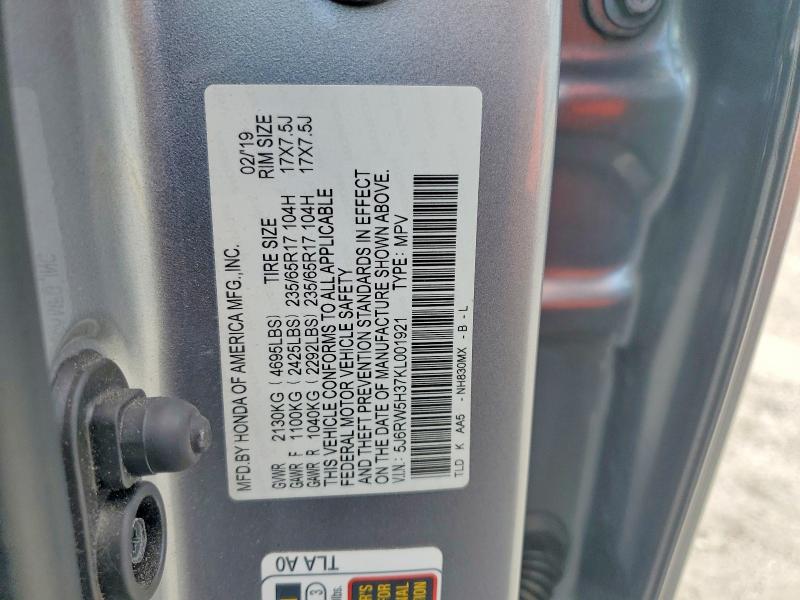 66424766 :رقم المزاد ، 5J6RW5H37KL001921 vin ، 2019 Honda Cr-v مزاد بيع