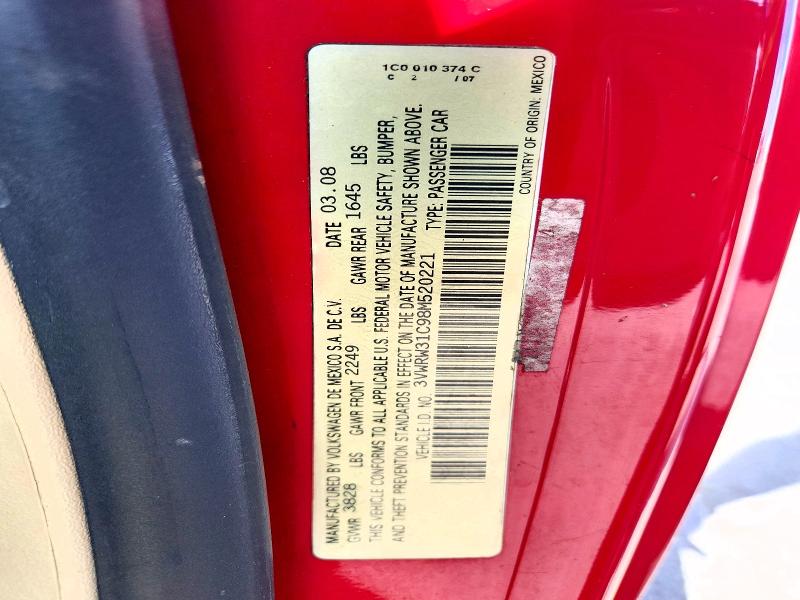 2008 Volkswagen New Beetle მანქანა იყიდება აუქციონზე, vin: 3VWRW31C98M520221, აუქციონის ნომერი: 64890806