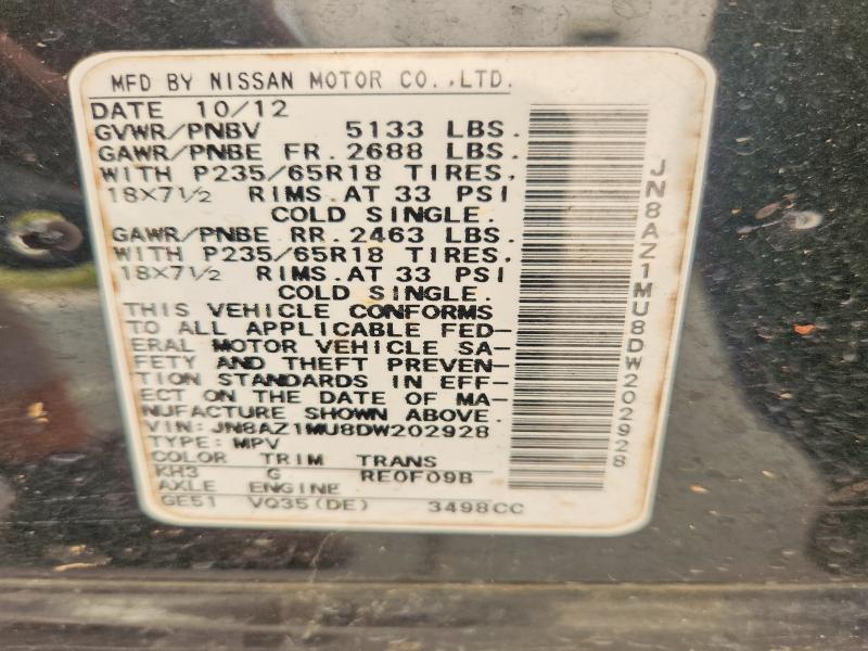 2013 Nissan Murano მანქანა იყიდება აუქციონზე, vin: JN8AZ1MU8DW202928, აუქციონის ნომერი: 63400946