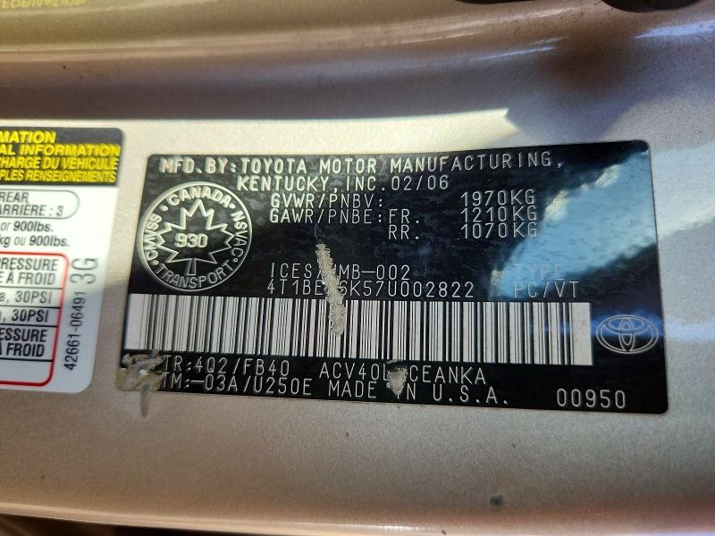 2007 Toyota Camry მანქანა იყიდება აუქციონზე, vin: 4T1BE46K57U002822, აუქციონის ნომერი: 66377356