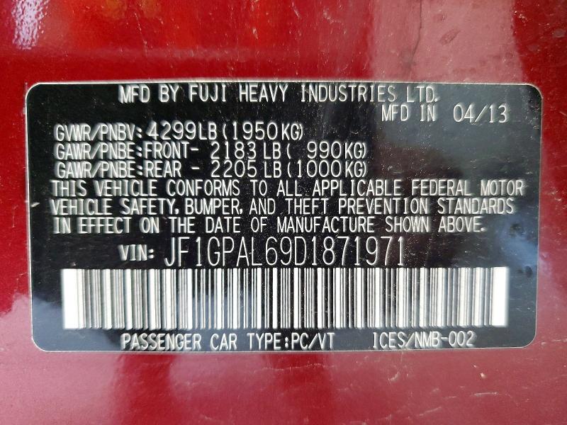 63683926 :رقم المزاد ، JF1GPAL69D1871971 vin ، 2013 Subaru Impreza مزاد بيع