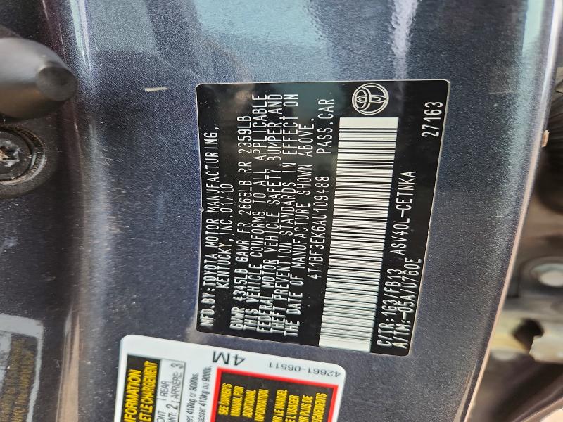 2010 Toyota Camry მანქანა იყიდება აუქციონზე, vin: 4T1BF3EK6AU109488, აუქციონის ნომერი: 64894606