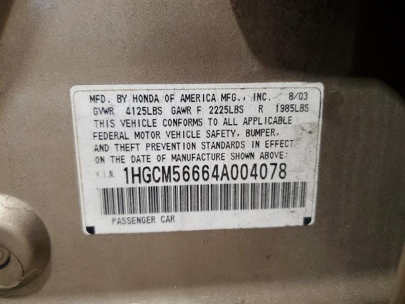 Aukcja sprzedaży 2004 Honda Accord, vin: 1HGCM56664A004078, numer aukcji: 64776966