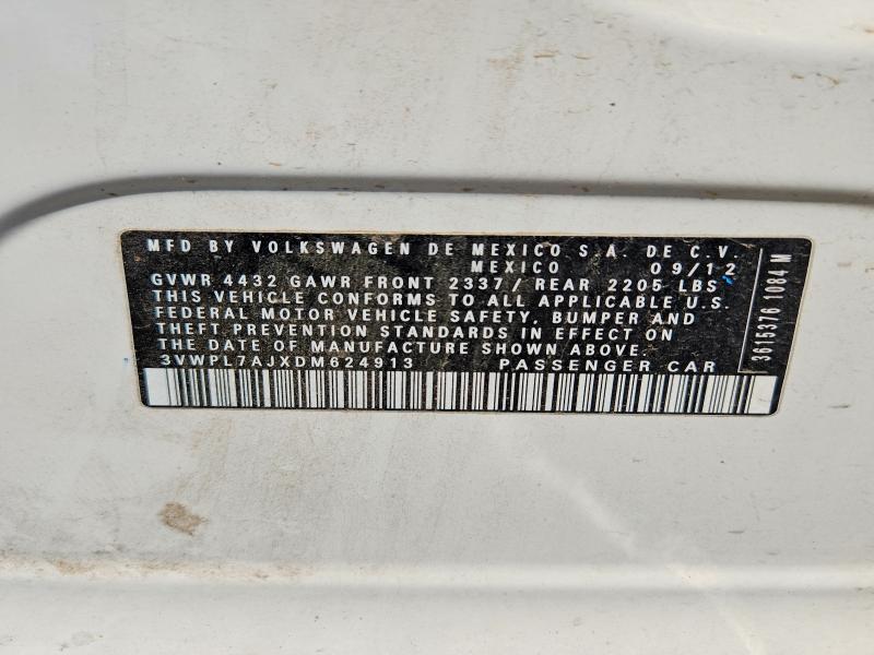 2013 Volkswagen Jetta მანქანა იყიდება აუქციონზე, vin: 3VWPL7AJXDM624913, აუქციონის ნომერი: 64779256