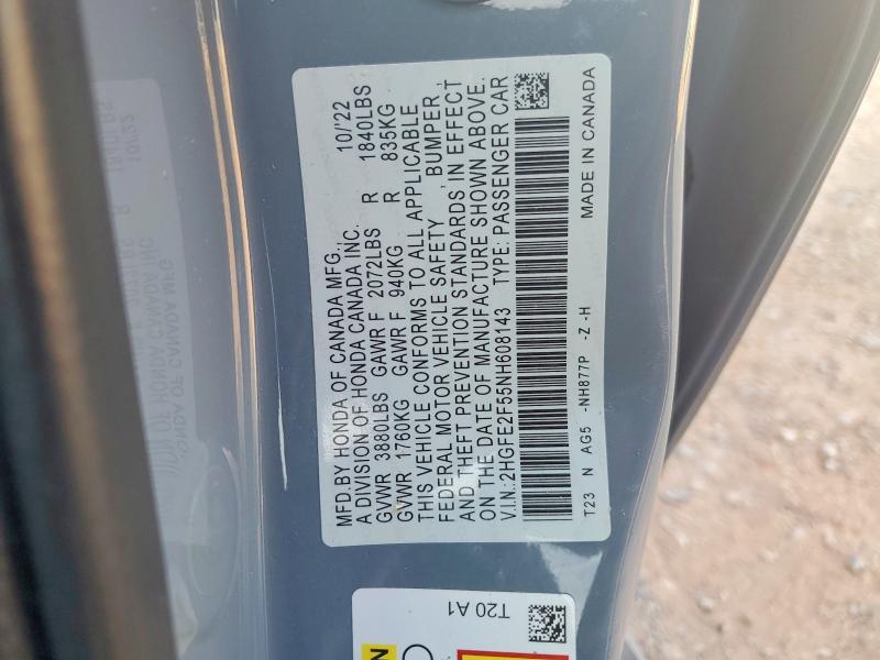 Aukcja sprzedaży 2022 Honda Civic, vin: 2HGFE2F55NH608143, numer aukcji: 63536266