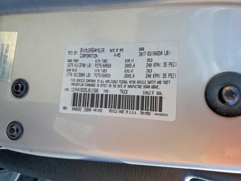 2005 Dodge Ram 1500 მანქანა იყიდება აუქციონზე, vin: 1D7HA18D25J611586, აუქციონის ნომერი: 66136526