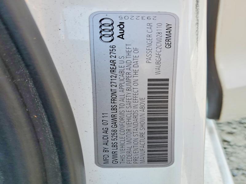2012 Audi A6 მანქანა იყიდება აუქციონზე, vin: WAUBGAFC2CN028110, აუქციონის ნომერი: 64310076