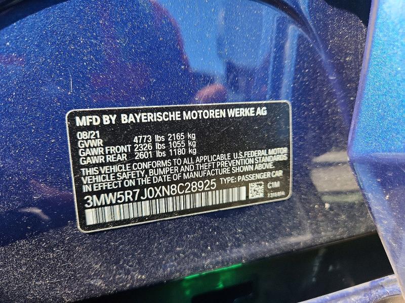 65795996 :رقم المزاد ، 3MW5R7J0XN8C28925 vin ، 2022 Bmw 330xi مزاد بيع