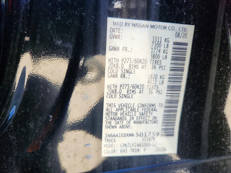 2021 Nissan Titan მანქანა იყიდება აუქციონზე, vin: 1N6AA1EDXMN501759, აუქციონის ნომერი: 63342356