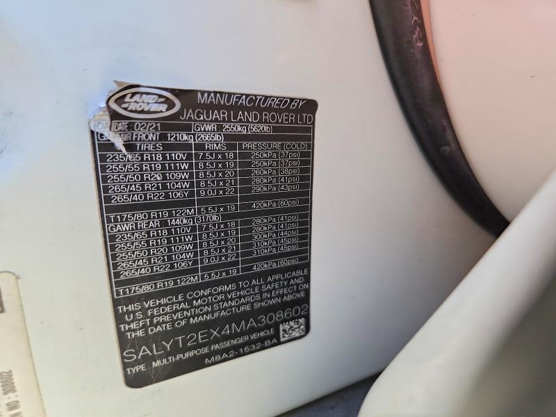 64266236 :رقم المزاد ، SALYT2EX4MA308602 vin ، 2021 Land Rover Range Rover Velar مزاد بيع