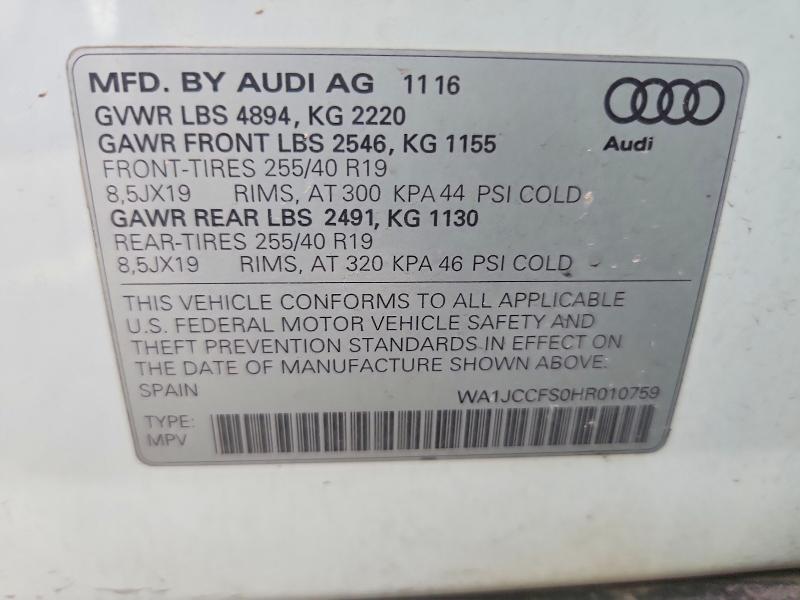 Aukcja sprzedaży 2017 Audi Q3, vin: WA1JCCFS0HR010759, numer aukcji: 65620796