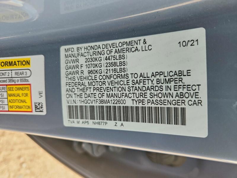 Aukcja sprzedaży 2021 Honda Accord, vin: 1HGCV1F38MA122600, numer aukcji: 66567246