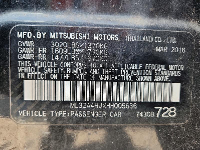 Aukcja sprzedaży 2017 Mitsubishi Mirage, vin: ML32A4HJXHH005636, numer aukcji: 65699196