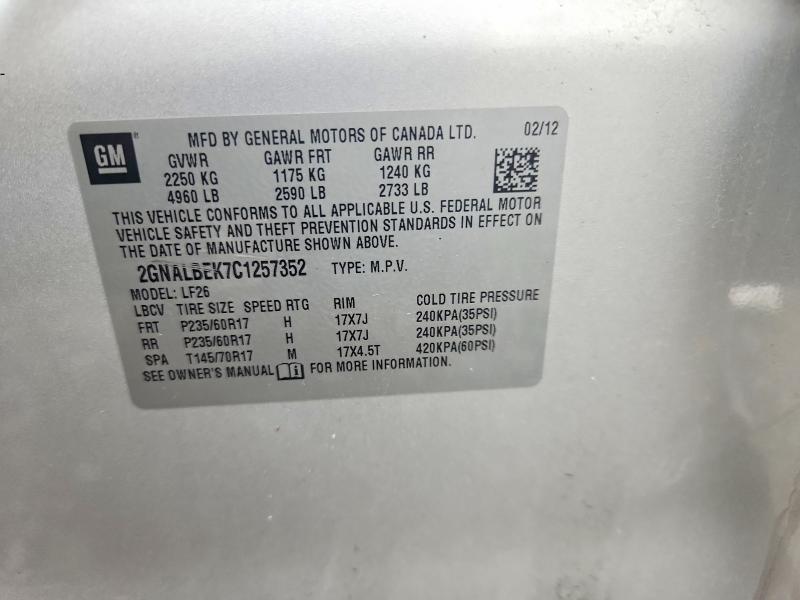 63649466 :رقم المزاد ، 2GNALBEK7C1257352 vin ، 2012 Chevrolet Equinox مزاد بيع