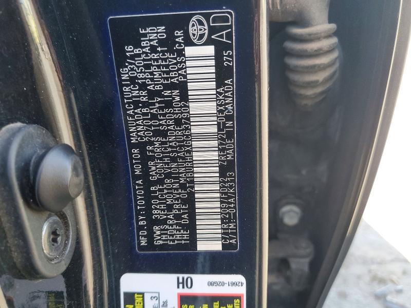 66619216 :رقم المزاد ، 2T1BURHEXGC637902 vin ، 2016 Toyota Corolla مزاد بيع