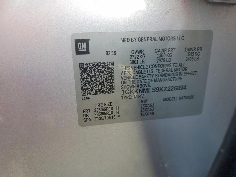 2019 Gmc Acadia მანქანა იყიდება აუქციონზე, vin: 1GKKNMLS9KZ226894, აუქციონის ნომერი: 64397306