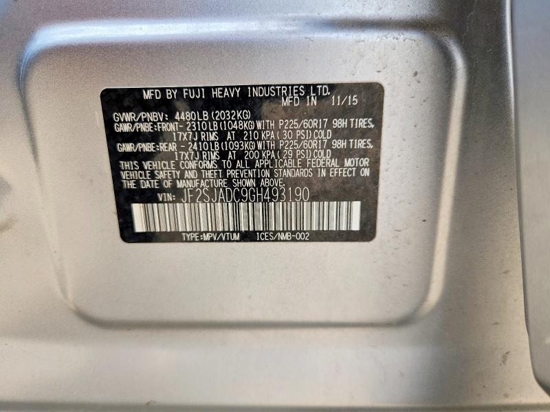 2016 Subaru Forester მანქანა იყიდება აუქციონზე, vin: JF2SJADC9GH493190, აუქციონის ნომერი: 66507216