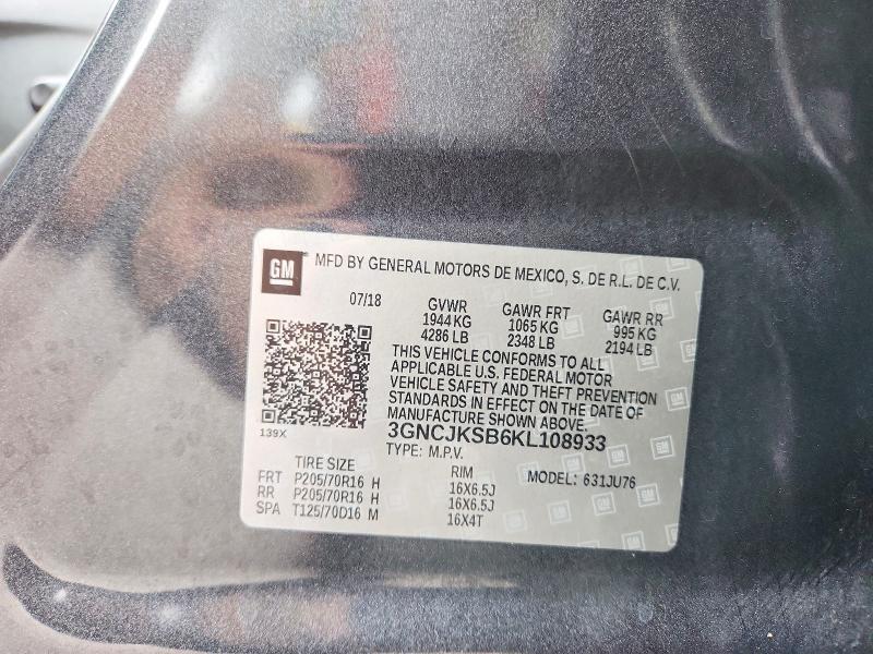 2019 Chevrolet Trax მანქანა იყიდება აუქციონზე, vin: 3GNCJKSB6KL108933, აუქციონის ნომერი: 63187336