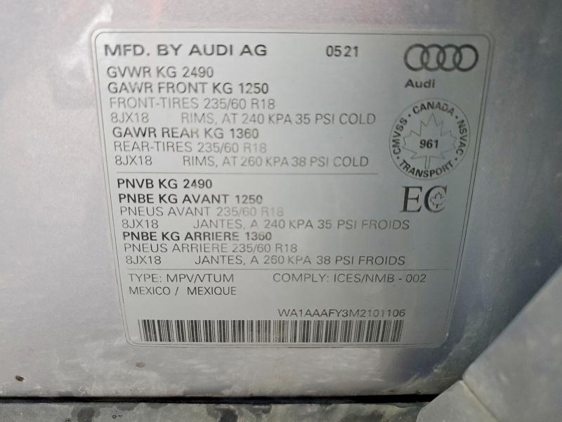 Aukcja sprzedaży 2021 Audi Q5, vin: WA1AAAFY3M2101106, numer aukcji: 64826606