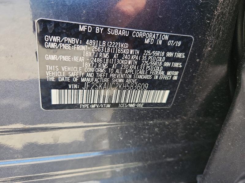 65688316 :رقم المزاد ، JF2SKAUC2KH583609 vin ، 2019 Subaru Forester مزاد بيع