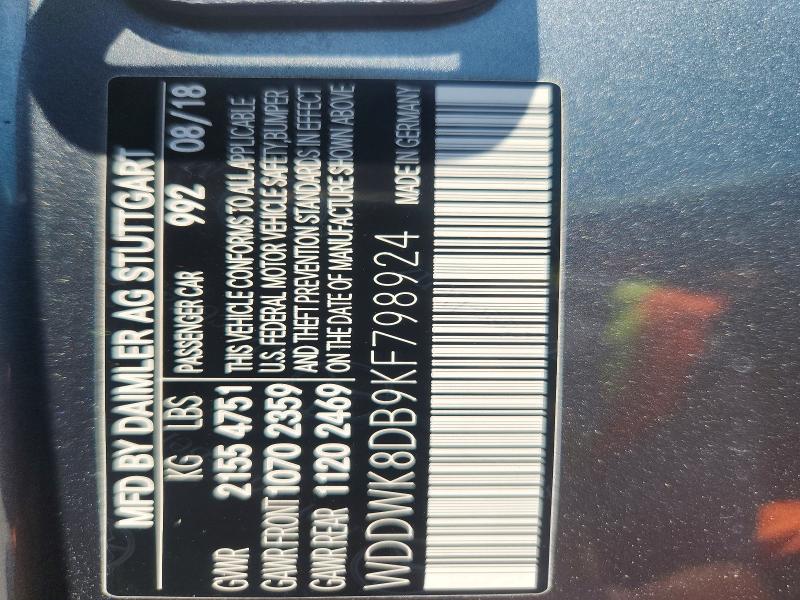 65875256 :رقم المزاد ، WDDWK8DB9KF798924 vin ، 2019 Mercedes-benz C مزاد بيع