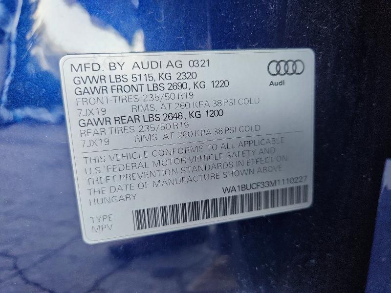 Продаж на аукціоні авто 2021 Audi Q3, vin: WA1BUCF33M1110227, номер лоту: 62657226