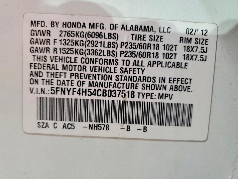 64803806 :رقم المزاد ، 5FNYF4H54CB037518 vin ، 2012 Honda Pilot مزاد بيع
