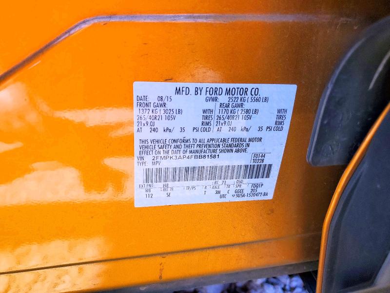 64658736 :رقم المزاد ، 2FMPK3AP4FBB81581 vin ، 2015 Ford Edge مزاد بيع