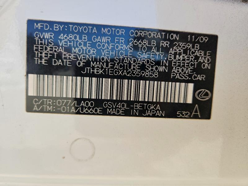 64794166 :رقم المزاد ، JTHBK1EGXA2359858 vin ، 2010 Lexus Es مزاد بيع