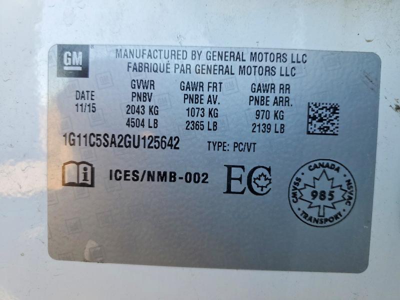67264696 :رقم المزاد ، 1G11C5SA2GU125642 vin ، 2016 Chevrolet Malibu Limited مزاد بيع
