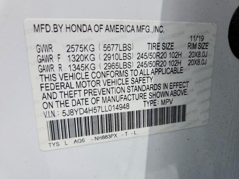 61555206 :رقم المزاد ، 5J8YD4H57LL014948 vin ، 2020 Acura Mdx مزاد بيع