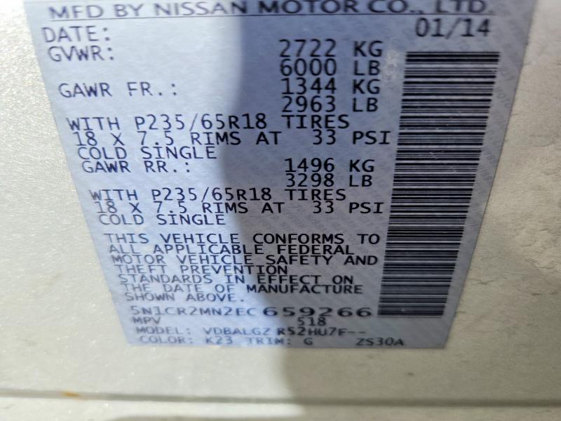 64207686 :رقم المزاد ، 5N1CR2MN2EC659266 vin ، 2014 Nissan Pathfinder Hybrid مزاد بيع