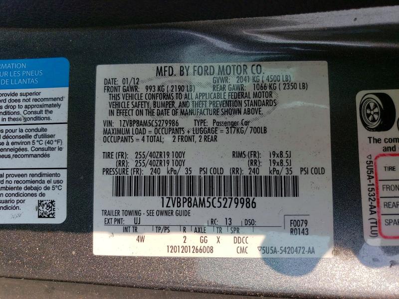 2012 Ford Mustang მანქანა იყიდება აუქციონზე, vin: 1ZVBP8AM5C5279986, აუქციონის ნომერი: 64265806
