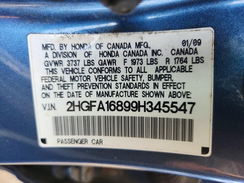 2009 Honda Civic მანქანა იყიდება აუქციონზე, vin: 2HGFA16899H345547, აუქციონის ნომერი: 63216276