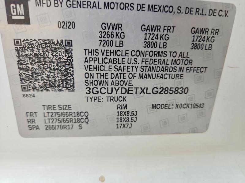 Продажа на аукционе авто 2020 Chevrolet Silverado, vin: 3GCUYDETXLG285830, номер лота: 63912426