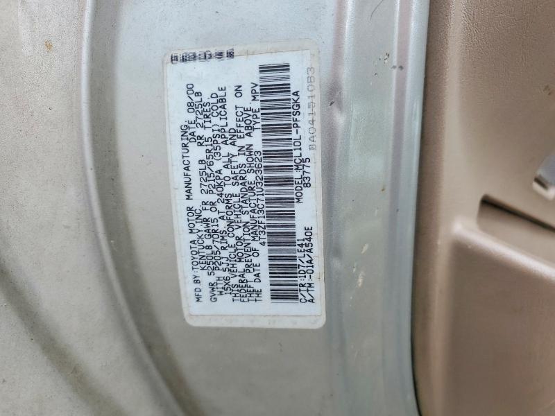 2001 Toyota Sienna მანქანა იყიდება აუქციონზე, vin: 4T3ZF13C71U323623, აუქციონის ნომერი: 65468226