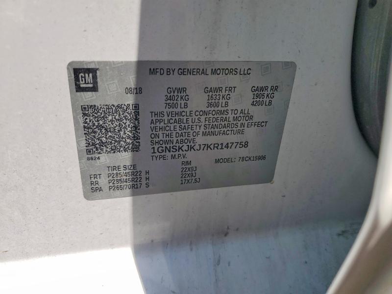 61715676 :رقم المزاد ، 1GNSKJKJ7KR147758 vin ، 2019 Chevrolet Suburban مزاد بيع