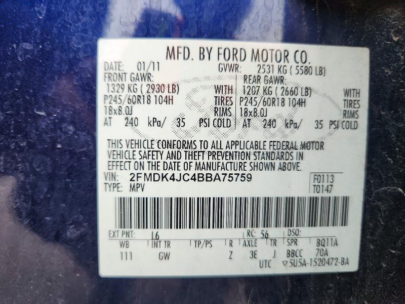 2011 Ford Edge მანქანა იყიდება აუქციონზე, vin: 2FMDK4JC4BBA75759, აუქციონის ნომერი: 64849236